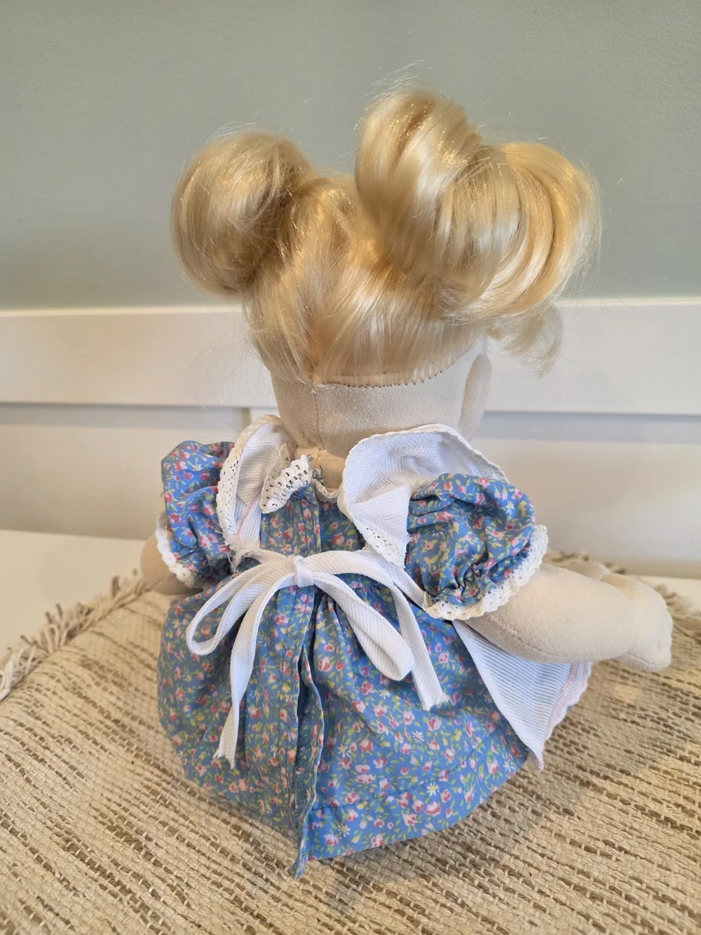 Vintage 1985 My Child Blonde Hair Blue Eyes Baby Doll in Blue Floral Dress